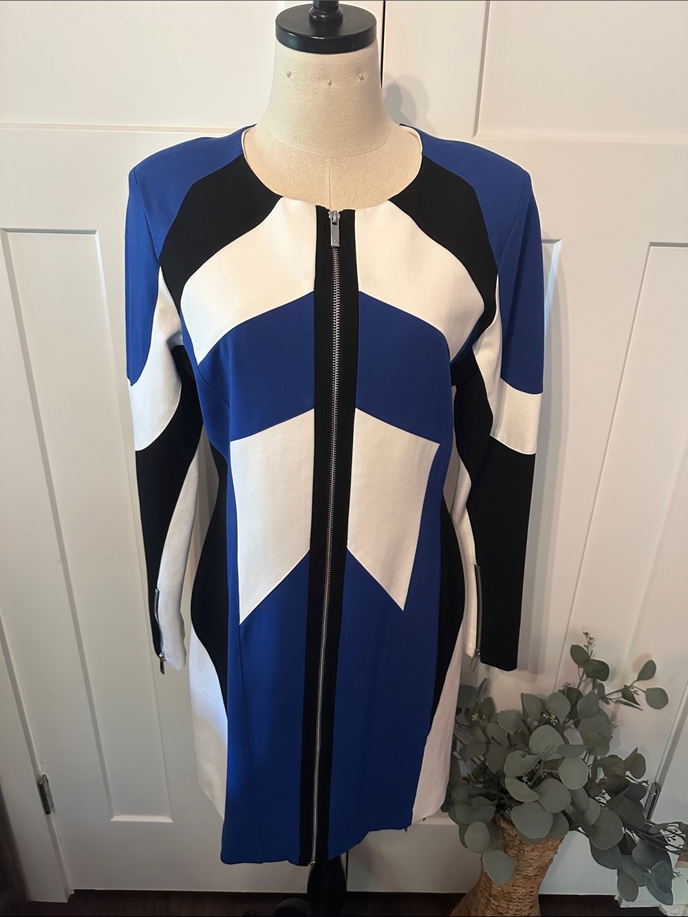 Karen Millen Moto Colorblock Ponte Biker Mini blue white black zipper 12 dress - Picture 11 of 11